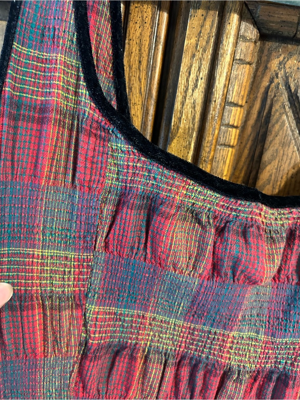 Free People Plaid Midi Dress in Red, Green & Yellow with Tie Front - Picture 5 of 6